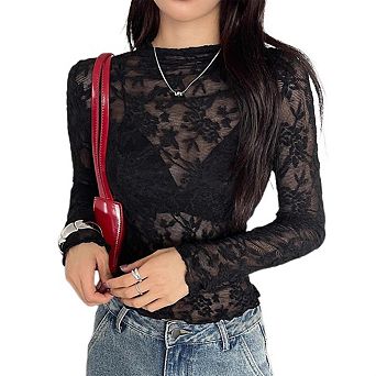 Womens Mesh Long Sleeve Tops Stand Collar Neck See Through Party Club Night Lace Shirts