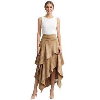 Women's High Waist Suede Midi Skirt with Asymmetric Ruffle Hem Vintage Western Style