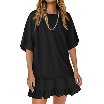 Women Summer Two Piece Skirt Sets Casual Short Sleeve Tops and Peplum Pleated Skirts