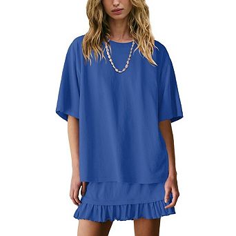Women Summer Two Piece Skirt Sets Casual Short Sleeve Tops and Peplum Pleated Skirts