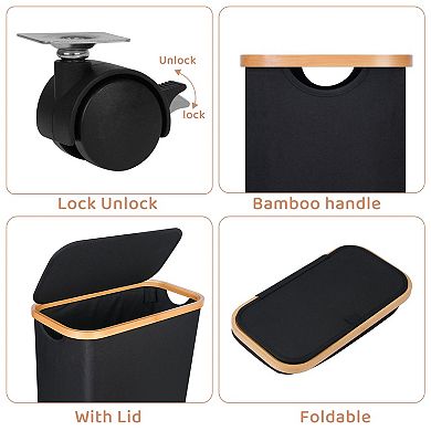 Slim Laundry Basket Wheels Collapsible Waterproof with Lid 60L