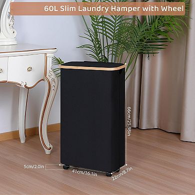 Slim Laundry Basket Wheels Collapsible Waterproof with Lid 60L