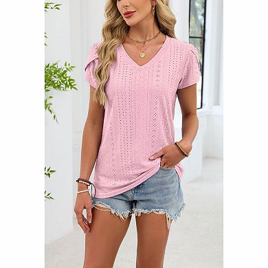 Women's Eyelet V-Neck Short Sleeve Top