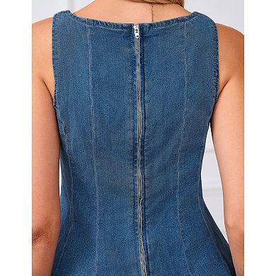 Women Sleeveless Denim Top Zip Back Ruffle Hem Jean Vest