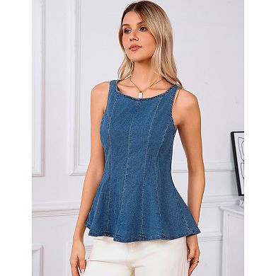 Women Sleeveless Denim Top Zip Back Ruffle Hem Jean Vest