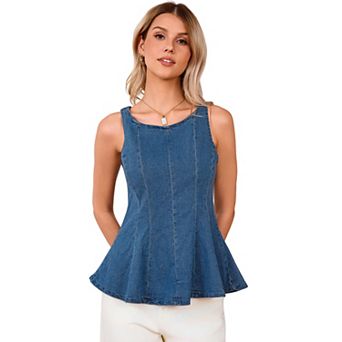 Women Sleeveless Denim Top Zip Back Ruffle Hem Jean Vest