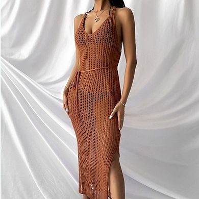 Women Crochet Knit Maxi Dress Backless Hollow Out Solid Color Beach Dresses