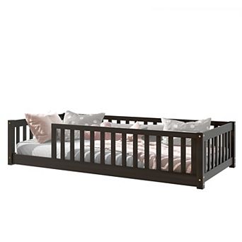 Pnronnc Twin Size Floor Bed with Fence without Door, Montessori Bed with Safety Guardrails