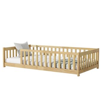 Pnronnc Twin Size Floor Bed with Fence without Door, Montessori Bed with Safety Guardrails