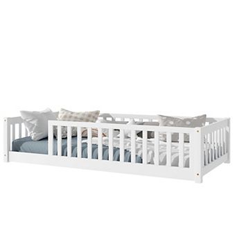 Pnronnc Twin Size Floor Bed with Fence without Door, Montessori Bed with Safety Guardrails
