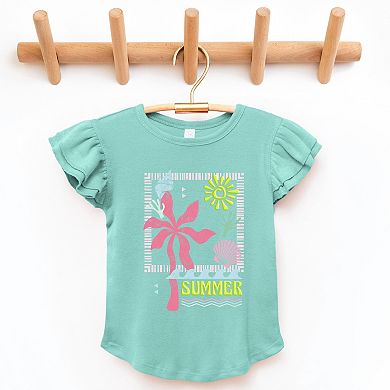 Summer Icons Colorful Puff Print - Flutter Sleeve Graphic T-Shirt