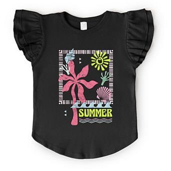 Summer Icons Colorful Puff Print - Flutter Sleeve Graphic T-Shirt