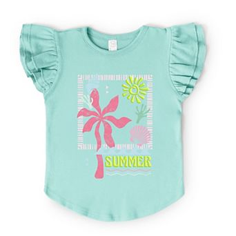 Summer Icons Colorful Puff Print - Flutter Sleeve Graphic T-Shirt