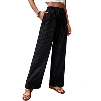 Womens Striped Wide Leg Palazzo Pants Loose Fit Casual Dressy Elastic Drawstring Waist Pants
