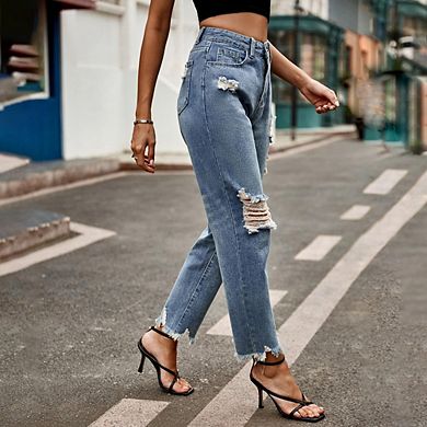 Women Casual High Waisted Straight Ripped Jeans