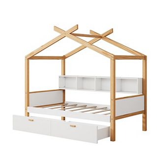 Pnronnc Wooden Frame House Bed with Bookshelf Storage Space and Drawers or Trundle for Child Daybed