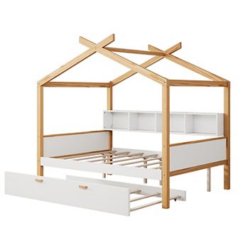 Pnronnc Wooden Frame House Bed with Bookshelf Storage Space and Drawers or Trundle for Child Daybed