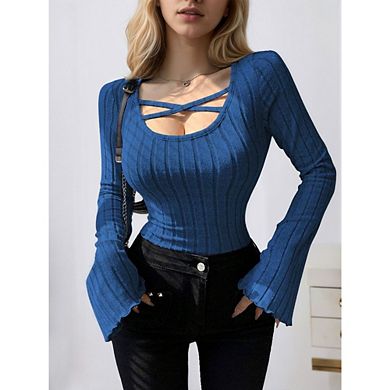 Womens Y2K Long Sleeve Shirts Ribbed Slim Fit T-Shirts Clothes
