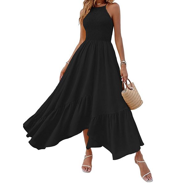 Women's Maxi Dress Halter Neck Smocked Asymmetric Ruffle Hem