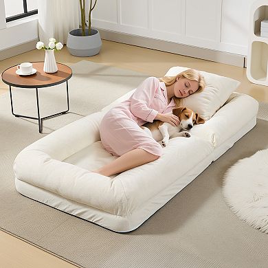 Human Dog Bed, Chenille Upholstered Sofa, 65" Adjustable Lounger w/ Pillows