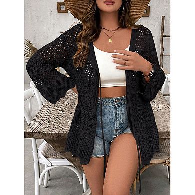 Plus Size Women Tie Front Cardigan Bell Long Sleeve Knit Beach Vacation Cover Up