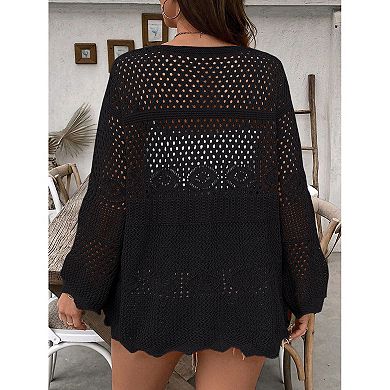Plus Size Women Tie Front Cardigan Bell Long Sleeve Knit Beach Vacation Cover Up