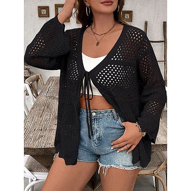 Plus Size Women Tie Front Cardigan Bell Long Sleeve Knit Beach Vacation Cover Up
