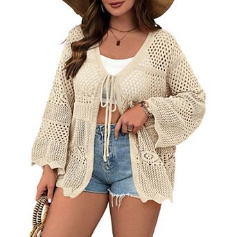 Plus Size Women Tie Front Cardigan Bell Long Sleeve Knit Beach Vacation Cover Up