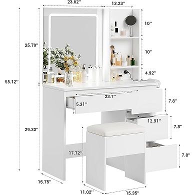 ANIXOL LED Illuminated Vanity Desk with Mirror,Power Outlet,Stool Storage,Desk-Style