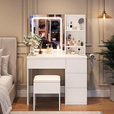 ANIXOL LED Illuminated Vanity Desk with Mirror,Power Outlet,Stool Storage,Desk-Style