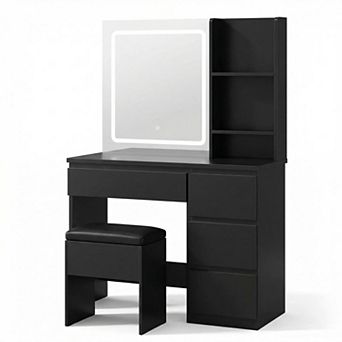 ANIXOL LED Illuminated Vanity Desk with Mirror,Power Outlet,Stool Storage,Desk-Style
