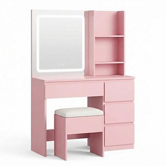 ANIXOL LED Illuminated Vanity Desk with Mirror,Power Outlet,Stool Storage,Desk-Style