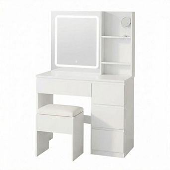 ANIXOL LED Illuminated Vanity Desk with Mirror,Power Outlet,Stool Storage,Desk-Style