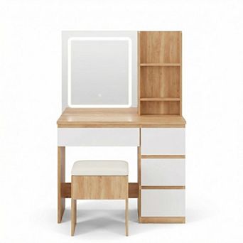 ANIXOL LED Illuminated Vanity Desk with Mirror,Power Outlet,Stool Storage,Desk-Style