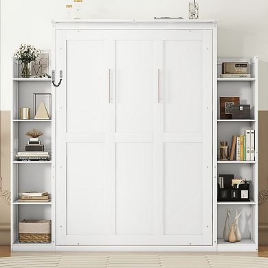 Pnronnc Bookcase Murphy Bed Wall Cabinet Storage Bed with Shelves and LED Lights, Folding Hidden Bed