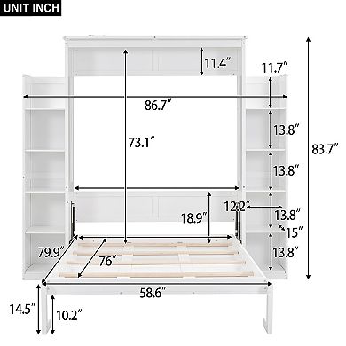 Pnronnc Bookcase Murphy Bed Wall Cabinet Storage Bed with Shelves and LED Lights, Folding Hidden Bed