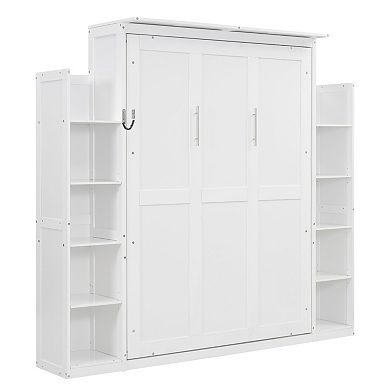 Pnronnc Bookcase Murphy Bed Wall Cabinet Storage Bed with Shelves and LED Lights, Folding Hidden Bed