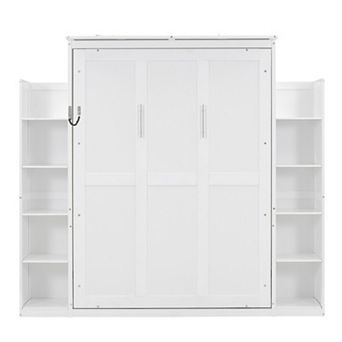 Pnronnc Bookcase Murphy Bed Wall Cabinet Storage Bed with Shelves and LED Lights, Folding Hidden Bed