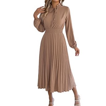 Women's Tie Neck Pleated Maxi Dress, Long Puff Sleeve Smocked Waist Spring Summer Dress