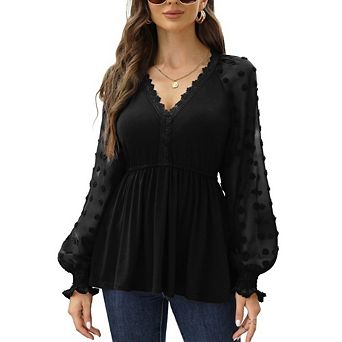 Womens Wrap V Neck Blouse Swiss Dot Lace Long Sleeve Shirts Casual Dressy Top
