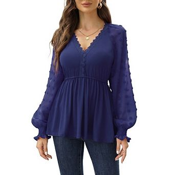 Womens Wrap V Neck Blouse Swiss Dot Lace Long Sleeve Shirts Casual Dressy Top