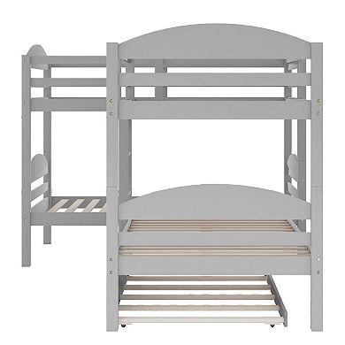 Pnronnc L-Shaped Wooden Bed Twin Size Corner Bunk Bed with Pull-out Trundle Bed