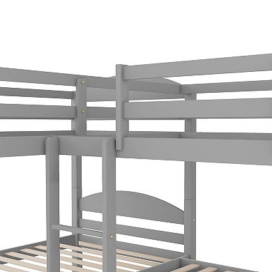 Pnronnc L-Shaped Wooden Bed Twin Size Corner Bunk Bed with Pull-out Trundle Bed