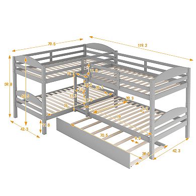 Pnronnc L-Shaped Wooden Bed Twin Size Corner Bunk Bed with Pull-out Trundle Bed