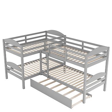 Pnronnc L-Shaped Wooden Bed Twin Size Corner Bunk Bed with Pull-out Trundle Bed