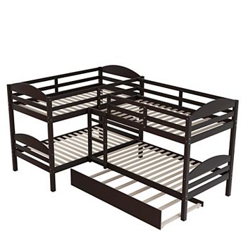 Pnronnc L-Shaped Wooden Bed Twin Size Corner Bunk Bed with Pull-out Trundle Bed