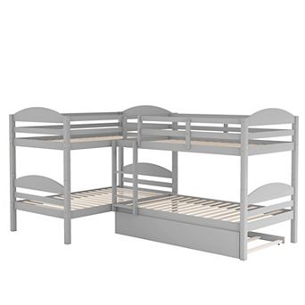Pnronnc L-Shaped Wooden Bed Twin Size Corner Bunk Bed with Pull-out Trundle Bed