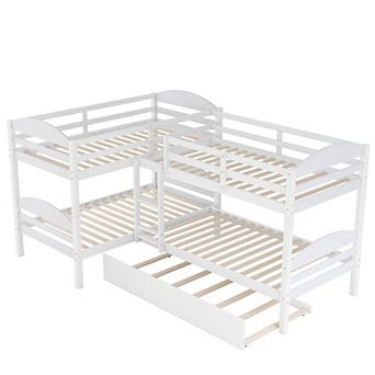 Pnronnc L-Shaped Wooden Bed Twin Size Corner Bunk Bed with Pull-out Trundle Bed