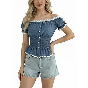 Women's Pleated Waisted Blouse Slim Fitting Short Sleeved Tops Lace Off Shoulder Stylish