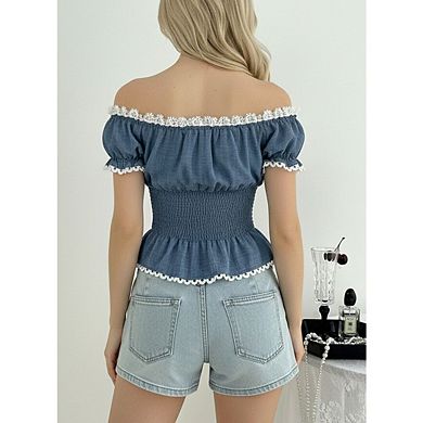 Women's Pleated Waisted Blouse Slim Fitting Short Sleeved Tops Lace Off Shoulder Stylish
